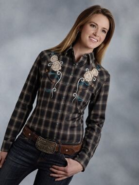 PANHANDLE SLIM Women’s Brown Plaid Western Embroidered Button-Up Shirt!